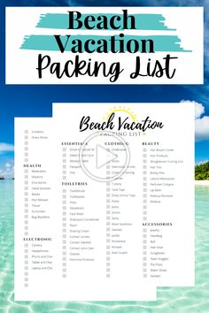 the beach vacation packing list with text overlay