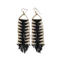 Black Black And Ivory Arrow Fringe Earrings Ink + Alloy Jewelry - Earrings Loom Designs, Block Print Scarf, Bead Collection, Beaded Fringe Earrings, Alloy Earrings, Bead Loom, Colorful Jewelry, Free Flowing, Beaded Fringe