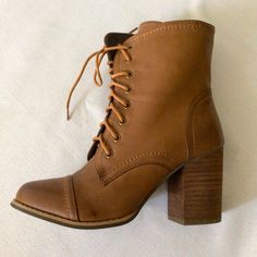 Brown Lace-Up, Heeled Boots, Never Worn, Chunky Heel, Not High, Super Comfy, Zipper On The Side. Thank You! Trendy Brown Lace-up Boots For Spring, Spring Brown Faux Leather Booties, Forever 21 Casual Round Toe Heels, Casual Round Toe Heels By Forever 21, Forever 21 Shoes, Lace Up Booties, Brown Heels, Shoes Brown, Chunky Heel