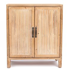 a wooden cabinet with two doors and black handles