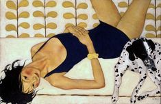 a painting of a woman laying on a bed next to a dalmatian dog