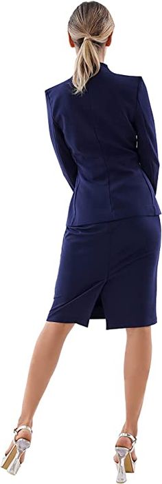 Make a statement in this fashionable two-piece skirt and suit jacket set composed of a modern dark blue deep V-neck and long sleeves. Perfect for formal occasions or dressed up casual, this set will leave you looking your best. Imported 63% Rayon, 32% Nylon, 5% Spandex Button closure Machine Wash Only Brand Size Dress Bust Waist Hip XS 0-2 31-32.5'' 23-24'' 31-34" S 4-6 33-35'' 25-26'' 35-37" M 6-12 35-36'' 27-28'' 38-39" L 12-14 38-40'' 29-31'' 40-42" XL 14-16 40-42'' 33.5-36'' 44-46" 2XL 18-20 42"-44" 37"- 40" 47"-50" 3XL 22-24 44"-46" 41"-46" 51"-55" 4XL 26-28 46"-48" 47"-50" 56-60" Blue Long Sleeve Skirt Suit For Fall, Elegant Blue Skirt Suit For Fall, Elegant V-neck Business Casual Suits, Fall Blue Office Skirt Suit, Formal V-neck Fall Suits, Elegant Tailored Blue Blazer Dress, Blue Elegant Blazer Dress For Formal Occasions, Fitted V-neck Office Suits, Elegant Blue Blazer Dress For Business