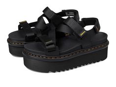 Dr. Martens Kimber II - Women's Shoes : Black Athena : The Dr. Martens Kimber II sandals are designed to offer superior comfort and a bold look. The strappy PU-coated leather upper features multiple riptape straps that provide you with a secure fit. These sandals are crafted with a leather insole and lining. Finished with yellow stitching and Goodyear welt construction, these platform sandals offer superior comfort and durability. Open, round toe silhouette. Platform heels. Leather midsole. Super-lightweight EVA outsole with signature grooving and a ripple tread. Imported. Measurements: Heel Height: 2 1 2 in Weight: 2 lbs 8 oz Platform Height: 2 5 14 in Product measurements were taken using size UK 5 (US Women's 7), width M. Please note that measurements may vary by size. (Docs, Martins) Sandals Doc Martens, Black Platform Doc Martens, Dr Martens Platform Sandals, Dr Marten Nartilla Sandals, Black Platform Sandals Doc Martens, Doc Marten Platform, Dr Martens Womens, Open Toed Shoes, Chunky Platform Sandals