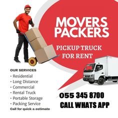 movers truck rental advertise with moving man in red shirt and black pants