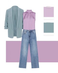 How To Pair Lavender Color, Colors That Go With Lavender Outfits, Lilac Blouse Outfit, Lilac Outfit Ideas Color Combos, Lilac Tops Outfit, Lavender Blouse Outfit, Lilac Clothes, Colored Pants Outfits