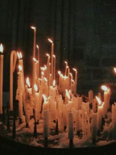 many lit candles are arranged on a cake