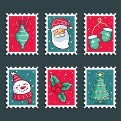 christmas stamps with santa claus, snowman and other holiday items on them stock photo