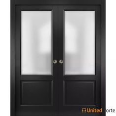 an open black double door with frosted glass