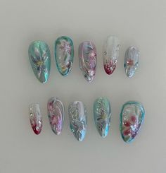 Stained Glass Acrylic Nails, Glass Effect Nails, Stained Glass Nails, Iridescent Aesthetic, Lexi Nails, Iridescent Nails, Iridescent Design, Glass Nails Art, Hippie Nails