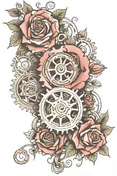 a drawing of roses and gears on a white background with the word love written in it