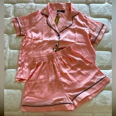 New With Tags! Sweet Dreams. Feel Luxe And Relaxed In This Pink, Satin Pajama Set, With Button Fastenings, An Ultra Comfortable Relaxed Fit Pajamas Satin, Silk Pj Set, Satin Pajama Pants, Satin Pajama Set, Shirt And Shorts Set, Wide Leg Lounge Pants, Cute Pajama Sets, Satin Pajama, Orange Satin