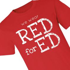 Raise your voice, protect public schools, support every student by wearing Red for Ed! With an eye-catching design and comfy fit, this pre-printed T-shirt is a must-have for teacher gifts. Administrators could stock up and use as teacher giveaways or sell to parents as a school fundraiser. Every time you wear one of these teacher T-shirts, you're standing up for our students, schools and fellow educators! © OTC

o Fits sizes 34-37
o Brand: Bella + Canvas
o Short sleeve
o Unisex sizing with Red Graphic Print T-shirt For School, Red Teacher Shirts, Funny Red T-shirt For Fan Merchandise, Red Novelty T-shirt With Crew Neck, Raise Your Voice, Cheap Red Americana T-shirt, Teacher Giveaway, Teacher T Shirts, Solar System Crafts