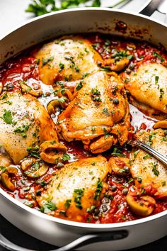 A mouthwatering meal is less than an hour away, thanks to this bold recipe for Chicken Puttanesca. Tender, juicy chicken thighs are cooked in a vibrant tomato-based sauce with plenty of garlic, olives, capers, and more. Garlic Olives, Chicken Puttanesca, Juicy Chicken Thighs, Zesty Chicken, Gluten Free Chicken Recipes, Chicken With Olives, Weekly Menu, Rib Recipes, Chicken Dishes Recipes