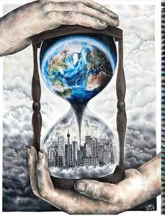 two hands holding an hourglass with the earth in it's center and cityscape