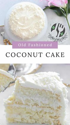 an old fashioned coconut cake on a white plate with a pink flower in the background