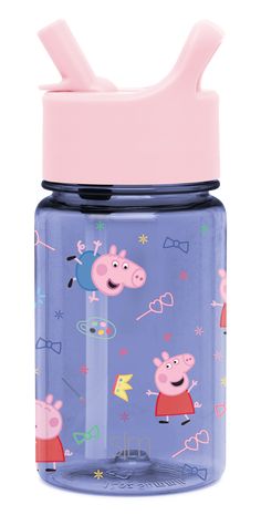 a pink and blue water bottle with pep the pig on it's lid is shown