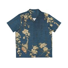 Nothing says "I love summer" like a Hawaiian shirt, and now, you can make this iconic garment even better by adding your own art to it. Made to have a boxy fit and a notch lapel collar that are perfect for any laidback scenario, these shirts come with a handy chest pocket and a 95% polyester and 5% spandex fabric for silky comfort. Choose between black or white buttons & customize it to taste.  .: Material: 95% polyester, 5% spandex .: Medium fabric (7.23 oz/yd²(245 g/m .: Boxy fit .: Chest pock Johnny Collar Cotton Top With Graphic Print, Vintage Print Relaxed Fit Summer Shirt, Summer Vintage Print Relaxed Fit Shirt, Relaxed Fit Vintage Print Summer Shirt, Graphic Print Shirt With Johnny Collar In Relaxed Fit, Relaxed Fit Shirt With Johnny Collar And Graphic Print, Relaxed Fit Johnny Collar Shirt With Graphic Print, Hawaiian Printed Relaxed Fit Shirt, Summer Cotton Hawaiian Shirt With Custom Print