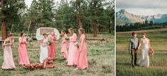 the bride and grooms are standing in front of their camper at this wedding