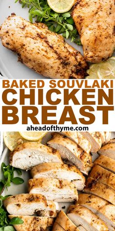 baked souvlaki chicken breast on a plate with greens and lemon wedges