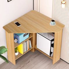 a corner desk with an open bookcase underneath it