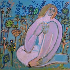 a painting of a woman sitting in front of some plants and flowers on a blue background