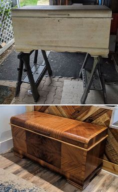 an old piano turned into a storage bench