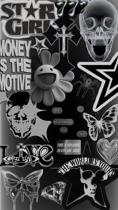 a bunch of stickers that are on top of a black surface with the words stars and