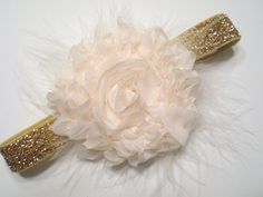 Ivory Sparle Chiffon Flower on Gold elastic headband only $9.00! Chiffon Flower, Chiffon Flowers, Beach Theme Wedding, Theme Wedding