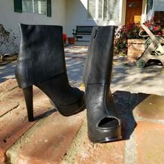 Update Your Boots With This One Of A Kind Design. Heels 5" Platform 1.5", 10.5" Total From Top Of Boot To Bottom Of Heel Brand New Never Worn..Too High For Me Lol There Is One Tiny Scuff Mark On Outer Bottom Of Right Cuff That I Posted A Pic Of Platform Boots With Open Toe For Night Out, Platform Open Toe Boots For Night Out, Open Toe Platform Boots For Night Out, Open Toe Faux Leather Boots For Night Out, Leather Open Toe Heeled Boots For Night Out, Faux Leather Open Toe Boots For Night Out, Ankle-high Platform Boots With 4-inch Heel For Night Out, Stacked Heel High Ankle Heels For Night Out, Fitted Platform Boots With Stacked Heel For Night Out