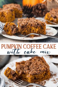 pumpkin coffee cake with chocolate crumbs is on a white plate and has a fork in it