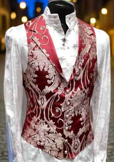 Shrine of Hollywood ARISTOCRAT VEST - RED SATIN BROCADE brocade formal Men's Vests red vest wedding Victorian Fashion Male, Red And Gold Suit, Victorian Suits, Aristocrat Vest, Victorian Mens Clothing, Victorian Vest, Fancy Suit, Mens Fashion Suits, Red Satin