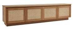 the sideboard is made from wood and has woven paneling on it, along with wicker panels