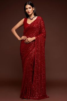 Shop Designer Unstitched Saree Online Sequins Saree, Red Sari, Party Wear Sarees Online, Sequence Saree, Sequin Saree, Party Sarees, Party Wear Saree, Saree Design, Georgette Blouse