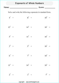 worksheet showing the exponents of whole numbers for grade 1 and 2