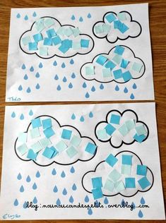 two pieces of paper that have been cut out to look like clouds and raindrops