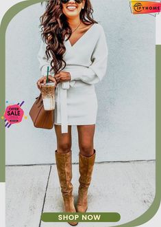 V Neck Off Shoulder Mini Dress Ivory Sweater Dress, Event Outfit, Pleated Maxi Dress, Fashion Mistakes, Classy Women, Womens Maxi Dresses, Sweater Weather, Everyday Outfits, Chic Outfits