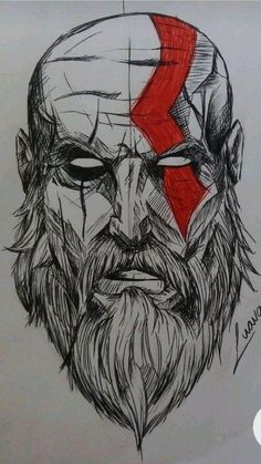 a drawing of a man's face with a red arrow on it