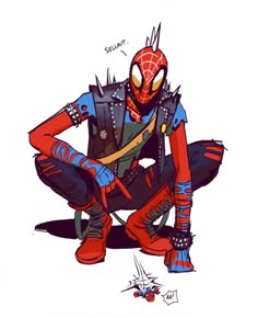 a drawing of a spider man sitting on the ground with his hands in his pockets