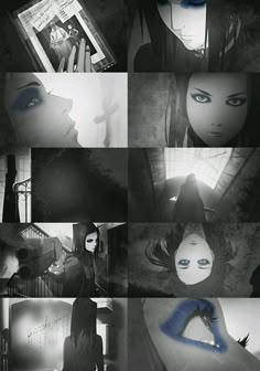 several different images of a woman with blue eyes and dark hair, in black and white