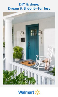 a porch with rocking chairs and potted plants next to the front door that says, diy & dones a more inviting porch