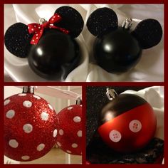 mickey mouse ornament with red and white polka dots on the front, black minnie mouse