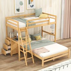 a wooden bunk bed sitting on top of a hard wood floor next to a white rug