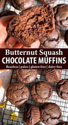 chocolate muffins on a cooling rack with butternut squash in the background and text overlay