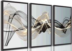 three abstract art pieces on a wall with white and black lines in the middle, one is