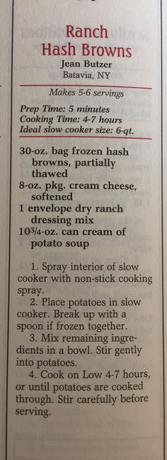 an open book with instructions on how to cook ranch hash browns