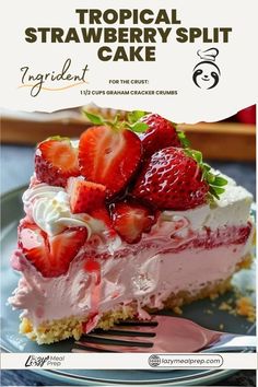 a close up of a slice of cake on a plate with strawberries and whipped cream