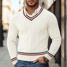 Season:Fall,Winter,Cross-Seasons; Sleeve Length:Long Sleeve; Gender:Men's; Style:Knitwear; Occasion:Formal,Street,Casual,Outdoor; Sweaters Type:Pullover Sweater Jumper; Pattern:Solid Color; Design:Color Block; Neckline:V Neck; Listing Date:10/10/2024; Knit Style:Cable Cricket Sweater, Mens Pullover Sweater, Elbow Patch Sweater, Summer Shopping, Academia Style, Mens Cardigan Sweater, Herringbone Tweed, Sweaters Online, Elbow Patches