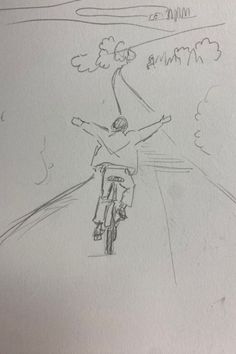 a drawing of a person riding a bike on a road with trees in the background