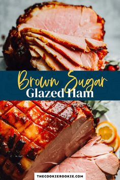 brown sugar glazed ham on a plate with orange slices