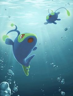 two cartoon characters are swimming in the water with bubbles and bubbles around them, as if they